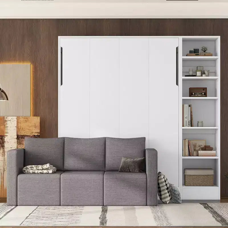 Full/Twin Size Murphy Bed Wall Bed with 3/2 Seat Sofa and Storage Shelves, White+Gray