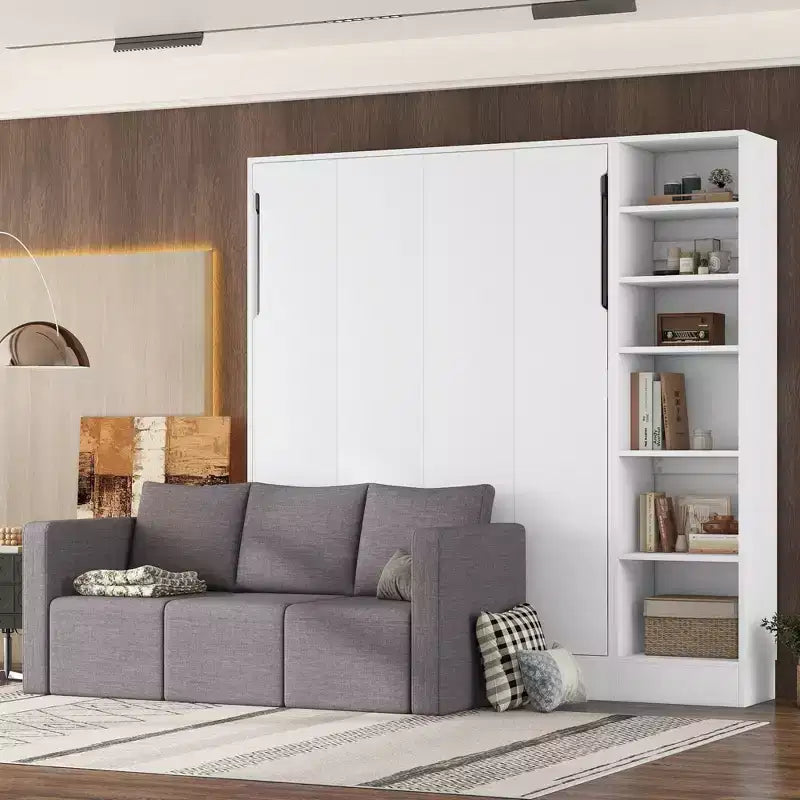 Lit escamotable mural de taille double/simple avec canapé 2/3 places et étagères de rangement, blanc+gris