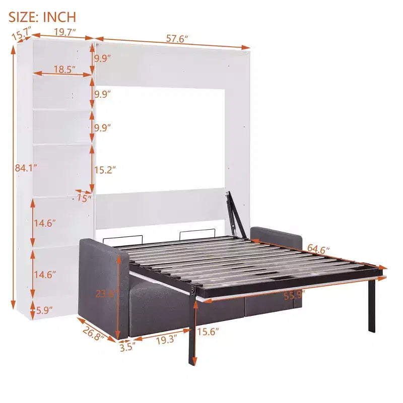 Full/Twin Size Murphy Bed Wall Bed with 3/2 Seat Sofa and Storage Shelves, White+Gray