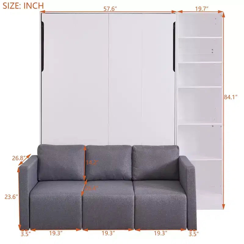 Lit escamotable mural de taille double/simple avec canapé 2/3 places et étagères de rangement, blanc+gris