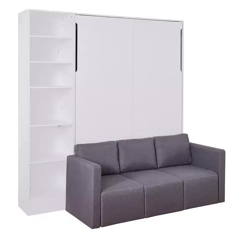 Lit escamotable mural de taille double/simple avec canapé 2/3 places et étagères de rangement, blanc+gris