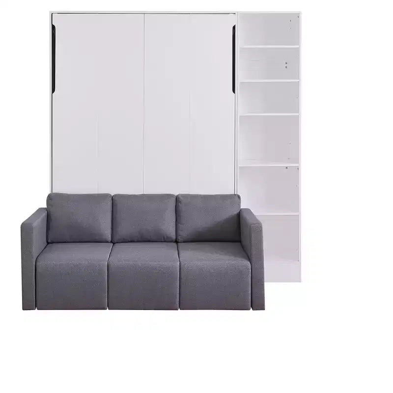 Lit escamotable mural de taille double/simple avec canapé 2/3 places et étagères de rangement, blanc+gris