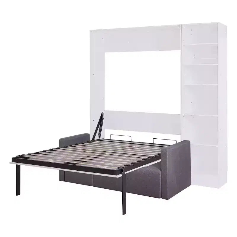 Lit escamotable mural de taille double/simple avec canapé 2/3 places et étagères de rangement, blanc+gris