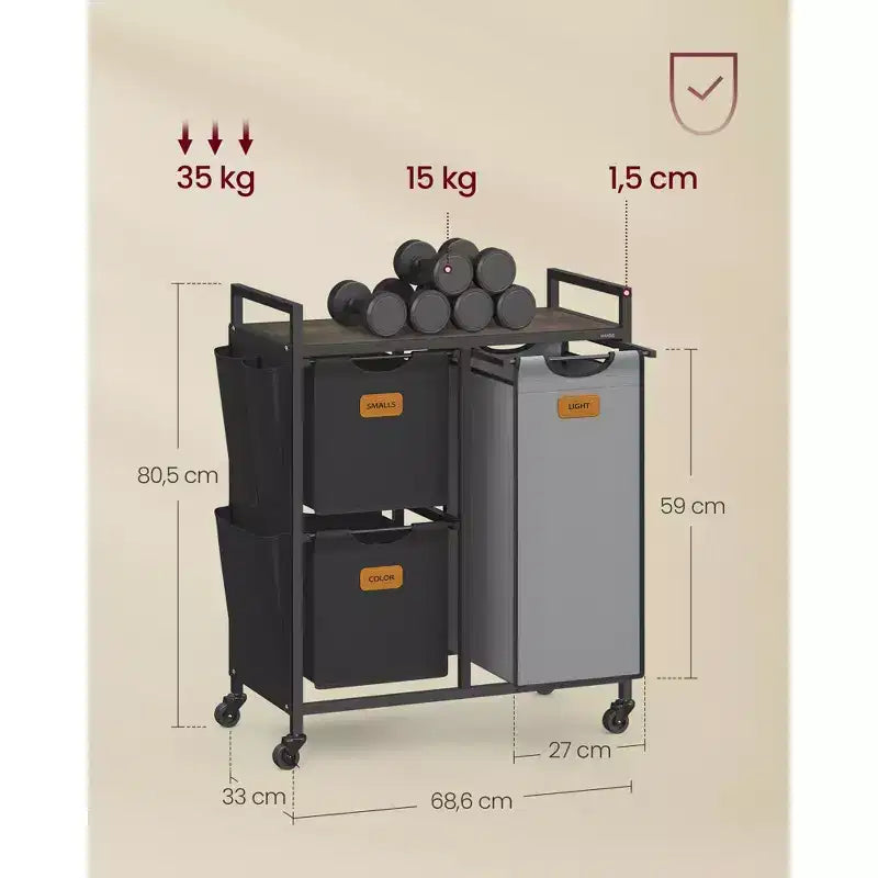 Panier à linge avec 3 compartiments, trieur à linge de 100 L, chariot à linge à roulettes avec étagères, petites poches latérales