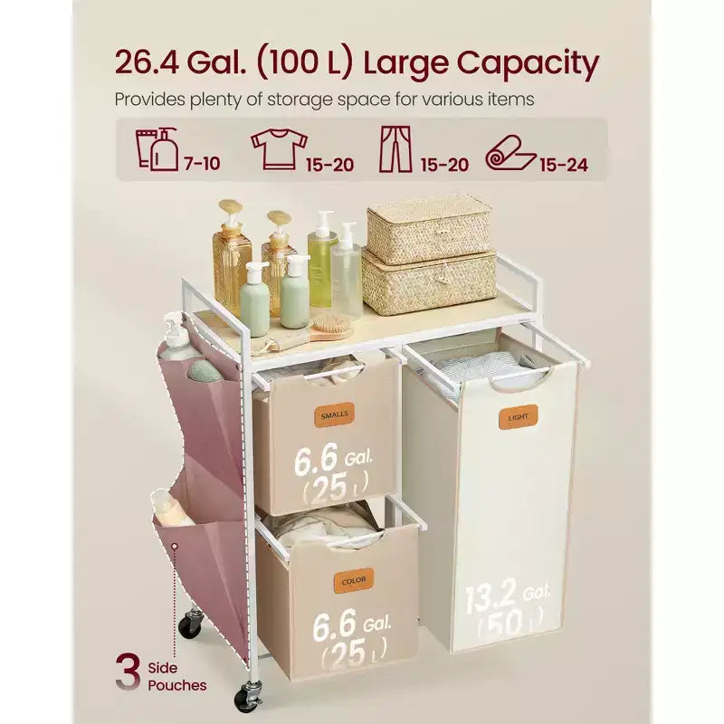 Panier à linge avec 3 compartiments, trieur à linge de 100 L, chariot à linge à roulettes avec étagères, petites poches latérales