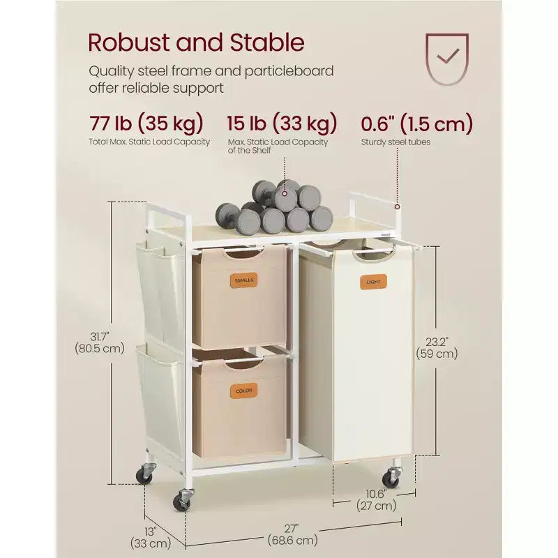 Panier à linge avec 3 compartiments, trieur à linge de 100 L, chariot à linge à roulettes avec étagères, petites poches latérales