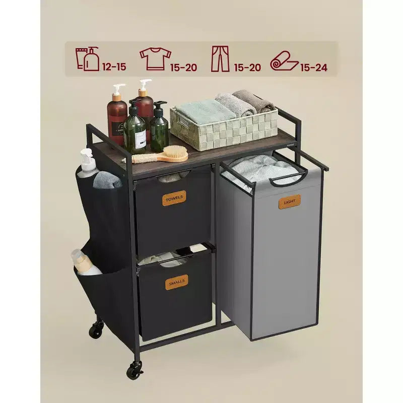 Panier à linge avec 3 compartiments, trieur à linge de 100 L, chariot à linge à roulettes avec étagères, petites poches latérales