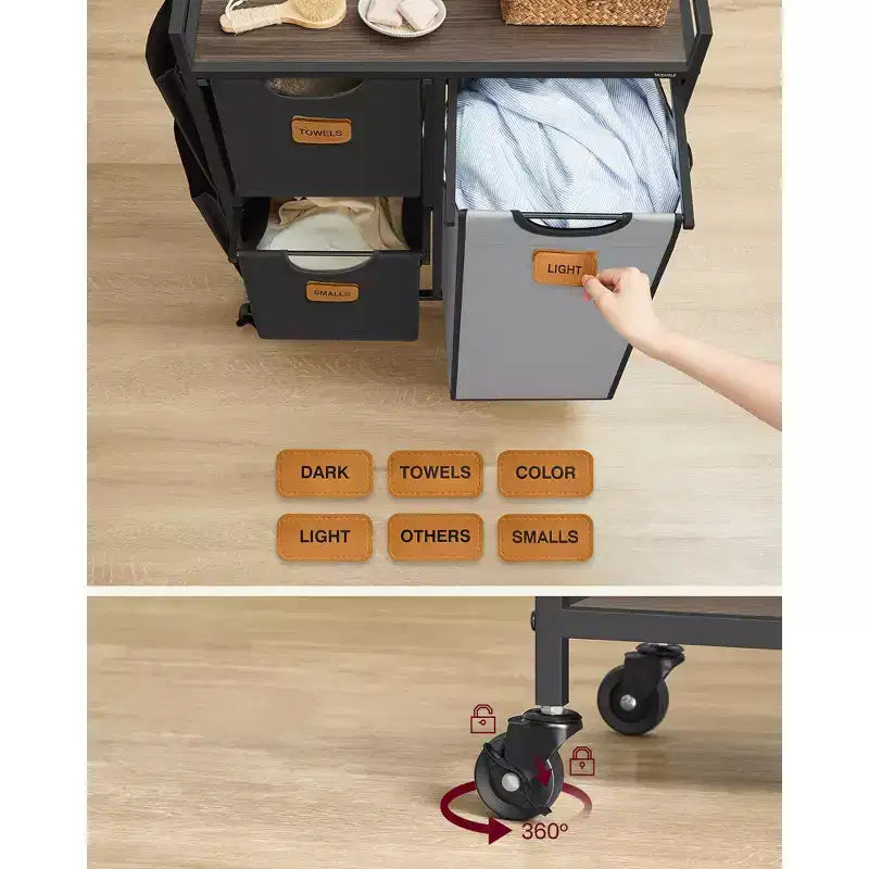 Panier à linge avec 3 compartiments, trieur à linge de 100 L, chariot à linge à roulettes avec étagères, petites poches latérales