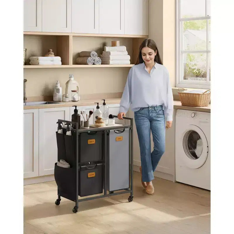 Panier à linge avec 3 compartiments, trieur à linge de 100 L, chariot à linge à roulettes avec étagères, petites poches latérales