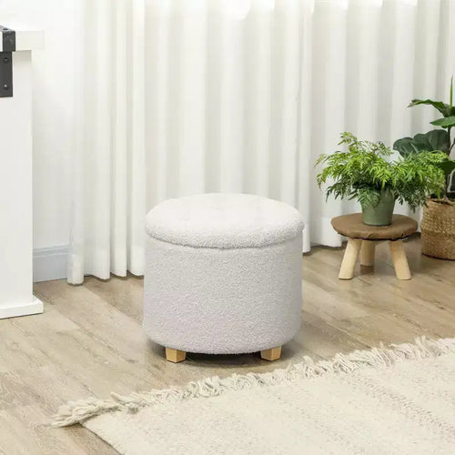 Pouff ottoman rond de 45,7 cm avec rangement, tabouret de chambre en polaire bouclette touffeté avec couvercle amovible et pieds en bois pour salon, couloir, blanc