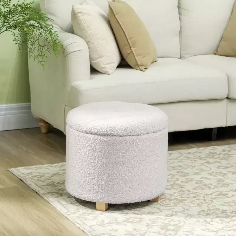 18 Round Ottoman with Storage, Teddy Fleece Button Tufted Bedroom Stool with Removable Lid and Wood Legs for Living Room, Hallway, White