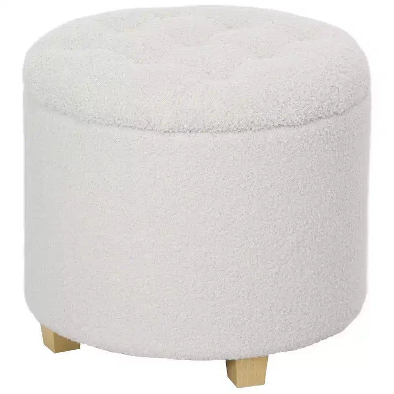 18 Round Ottoman with Storage, Teddy Fleece Button Tufted Bedroom Stool with Removable Lid and Wood Legs for Living Room, Hallway, White