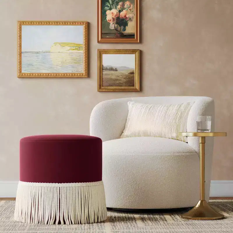 Fringe Drum Ottoman in Velvet